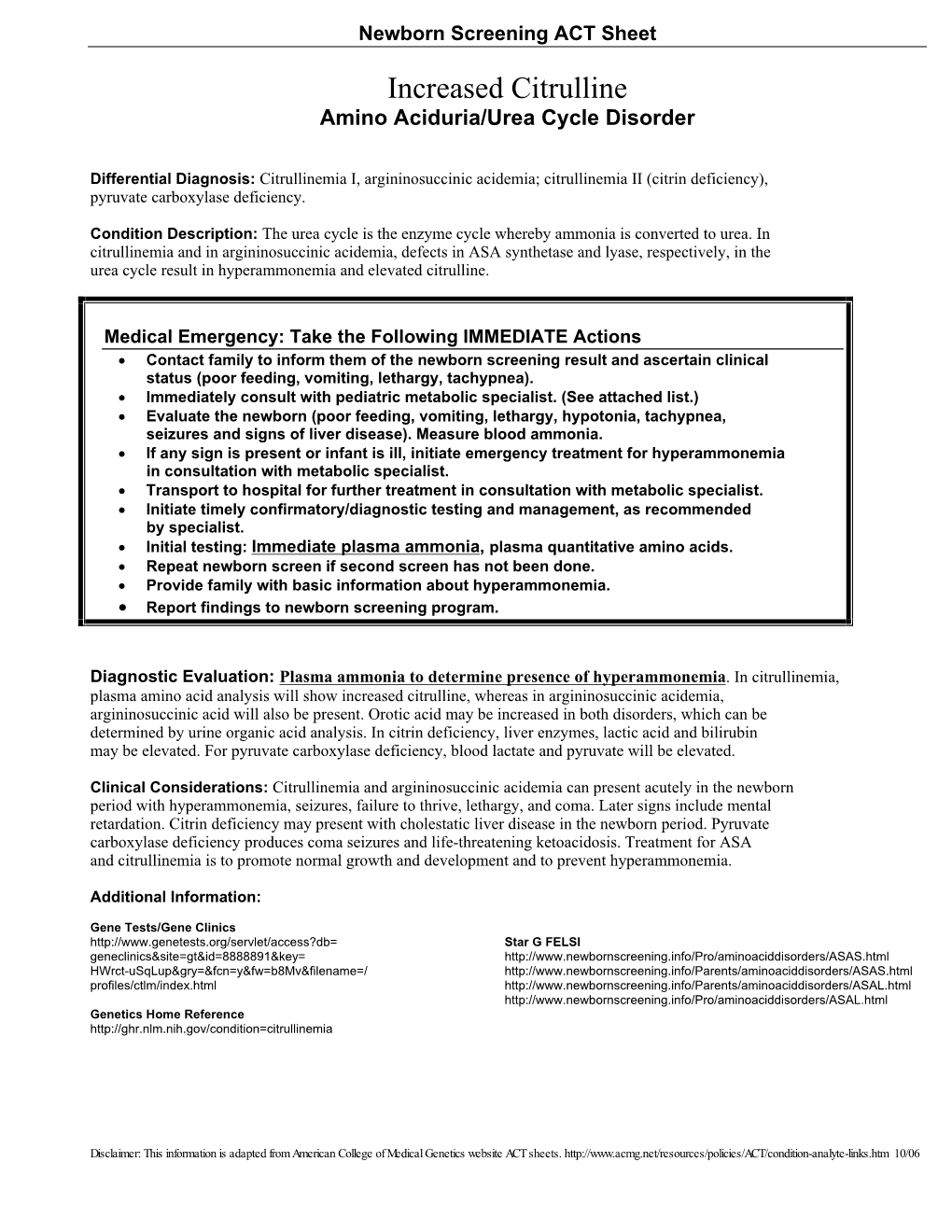 Increased Citrulline Amino Aciduria/Urea Cycle Disorder