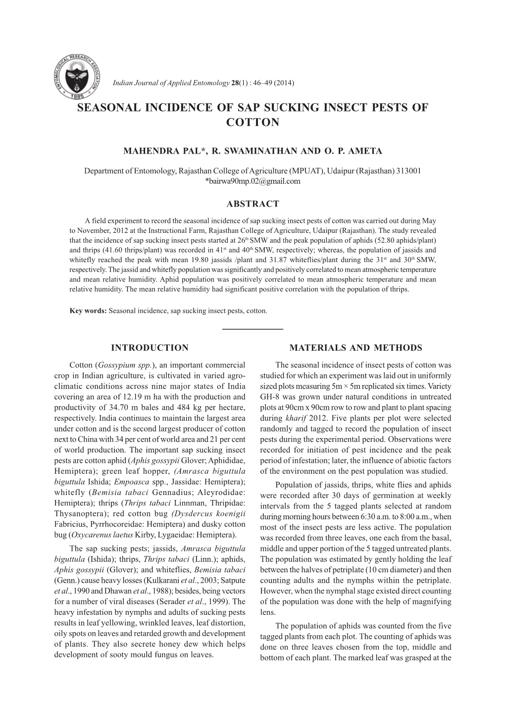 Seasonal Incidence of Sap Sucking Insect Pests of Cotton