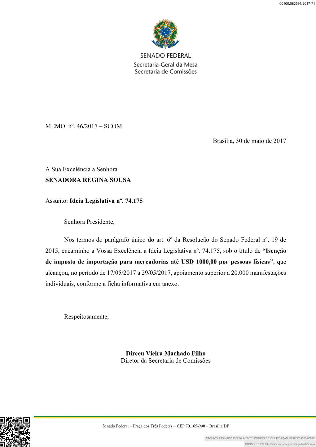 MEMO. Nº. 46/2017 – SCOM Brasília, 30 De Maio