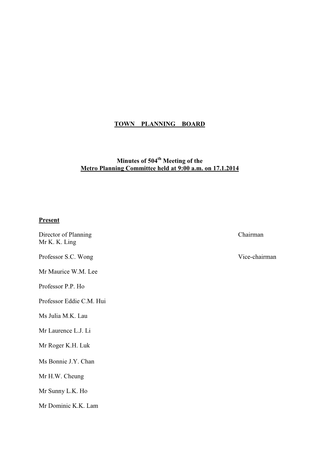 TOWN PLANNING BOARD Minutes of 504 Meeting of the Metro Planning