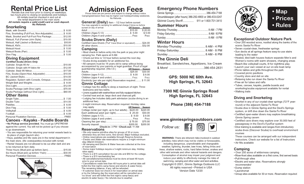 Rental Price List Admission Fees