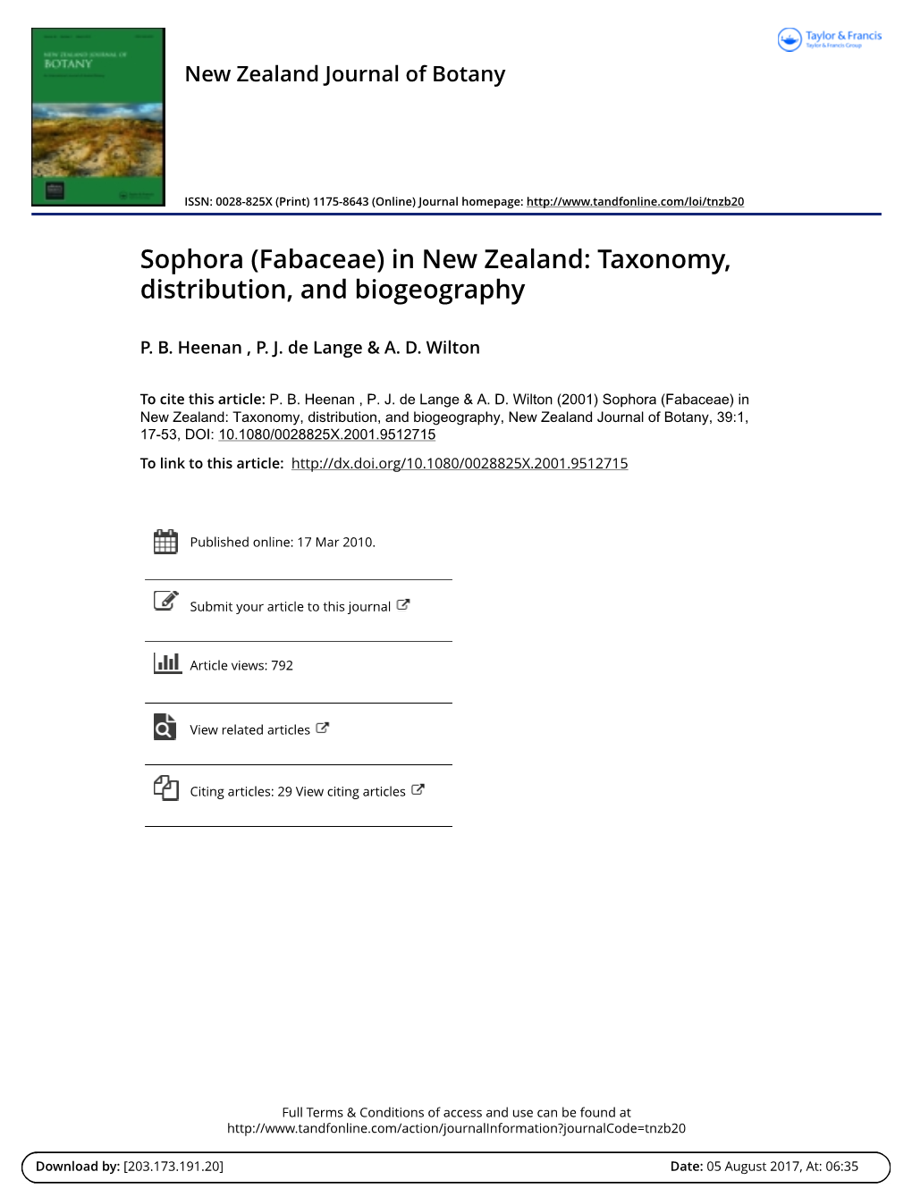 Sophora (Fabaceae) in New Zealand: Taxonomy, Distribution, and Biogeography