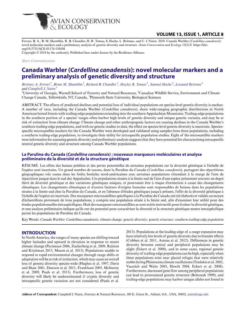 Canada Warbler (Cardellina Canadensis): Novel Molecular Markers and a Preliminary Analysis of Genetic Diversity and Structure