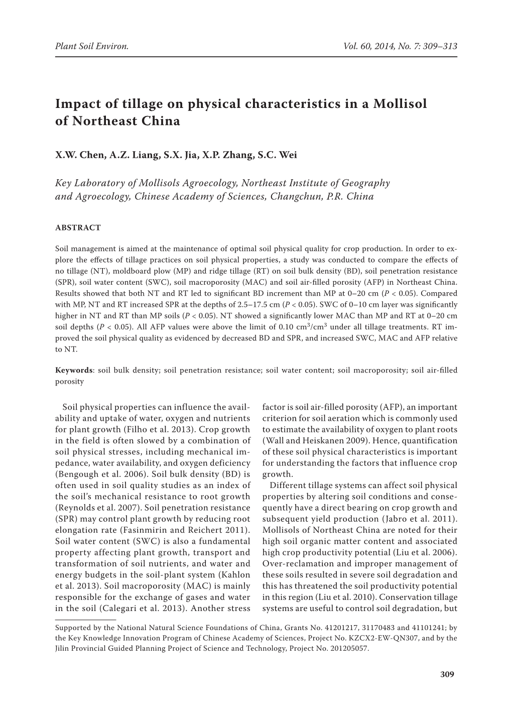 Impact of Tillage on Physical Characteristics in a Mollisol of Northeast China