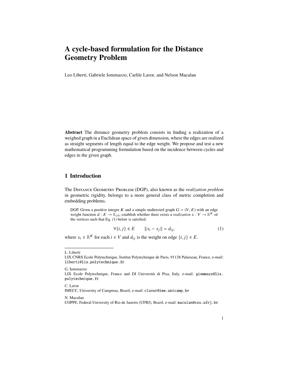 A Cycle-Based Formulation for the Distance Geometry Problem