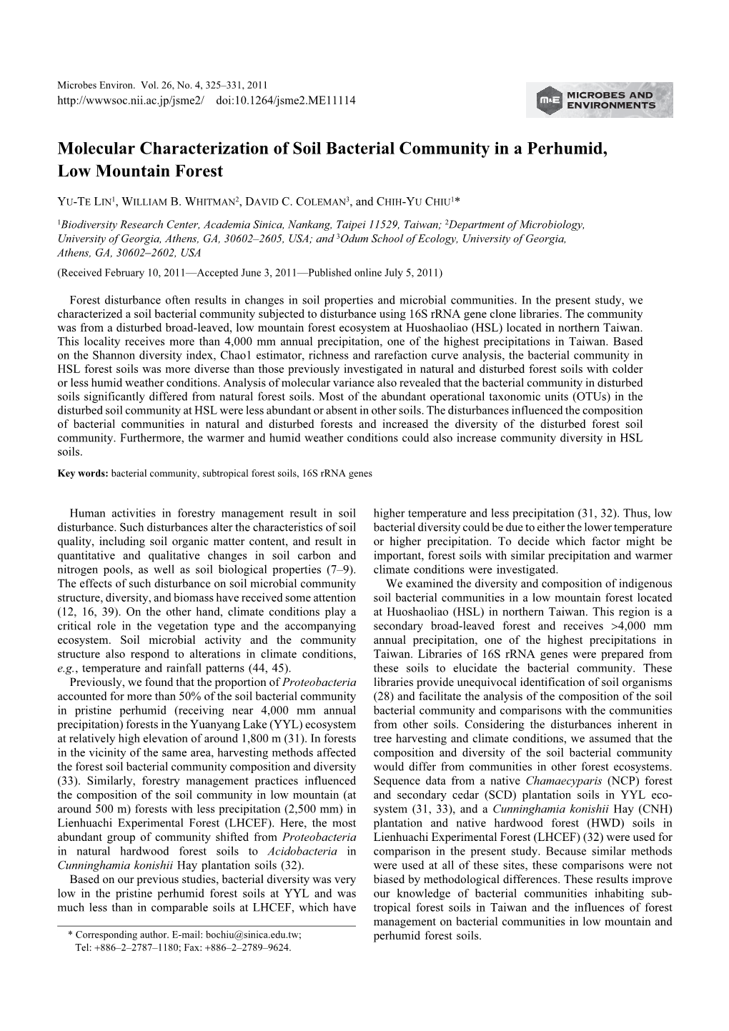 Molecular Characterization of Soil Bacterial Community in a Perhumid, Low Mountain Forest