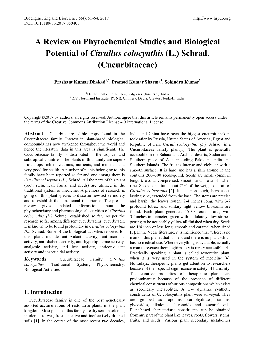 A Review on Phytochemical Studies and Biological Potential of Citrullus Colocynthis (L.) Schrad