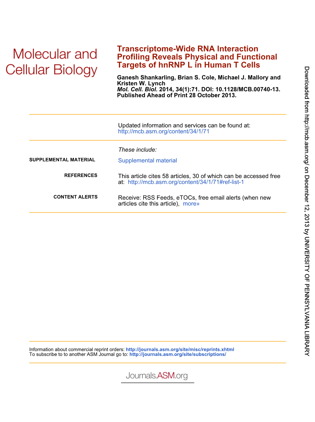 Targets of Hnrnp L in Human T Cells Profiling Reveals Physical And