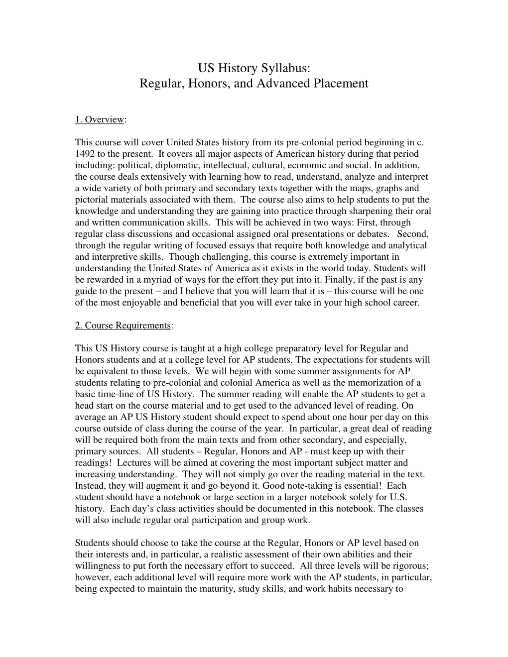 US History Syllabus: Regular, Honors, and Advanced Placement