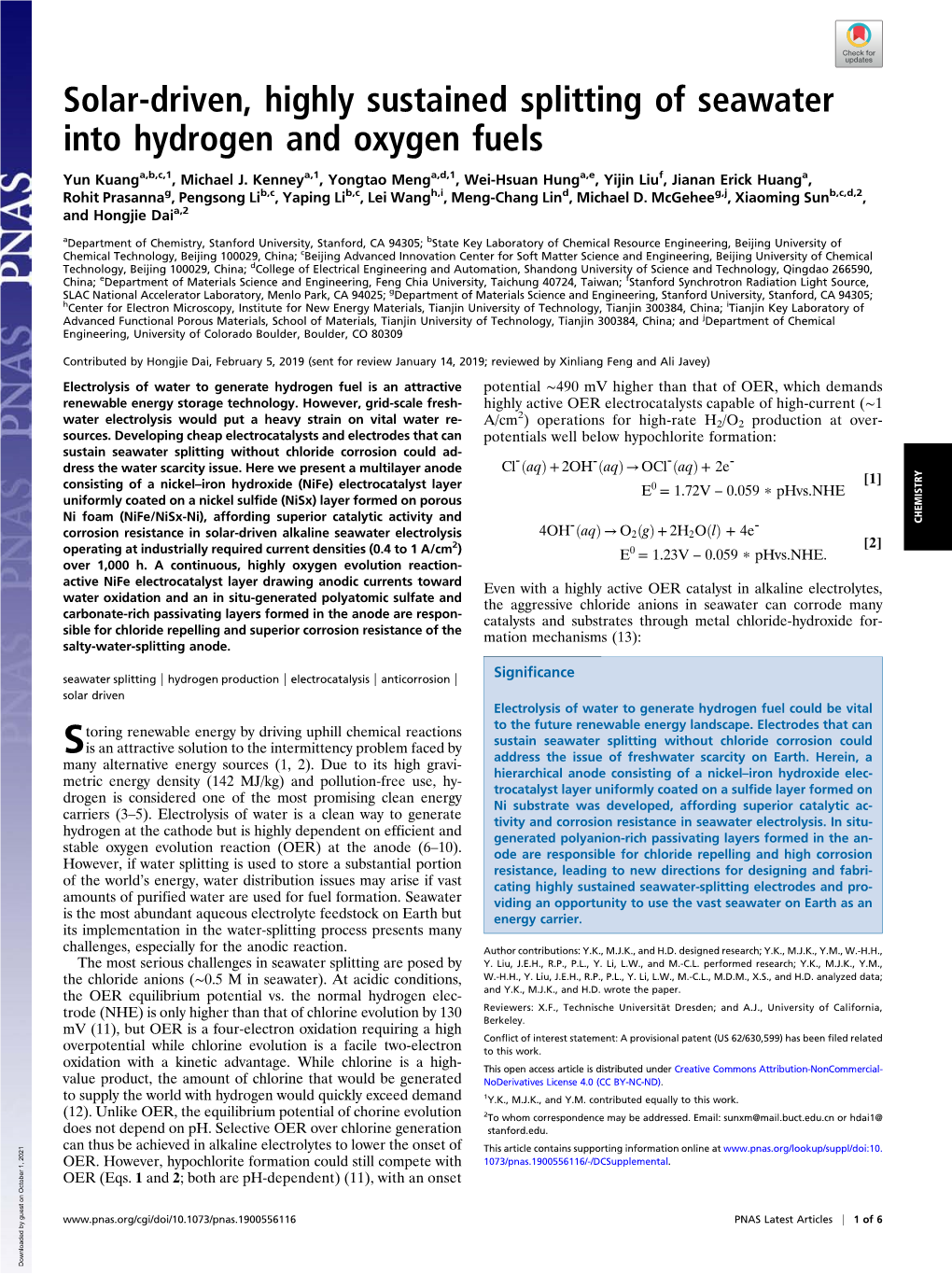 Solar-Driven, Highly Sustained Splitting of Seawater Into Hydrogen and Oxygen Fuels