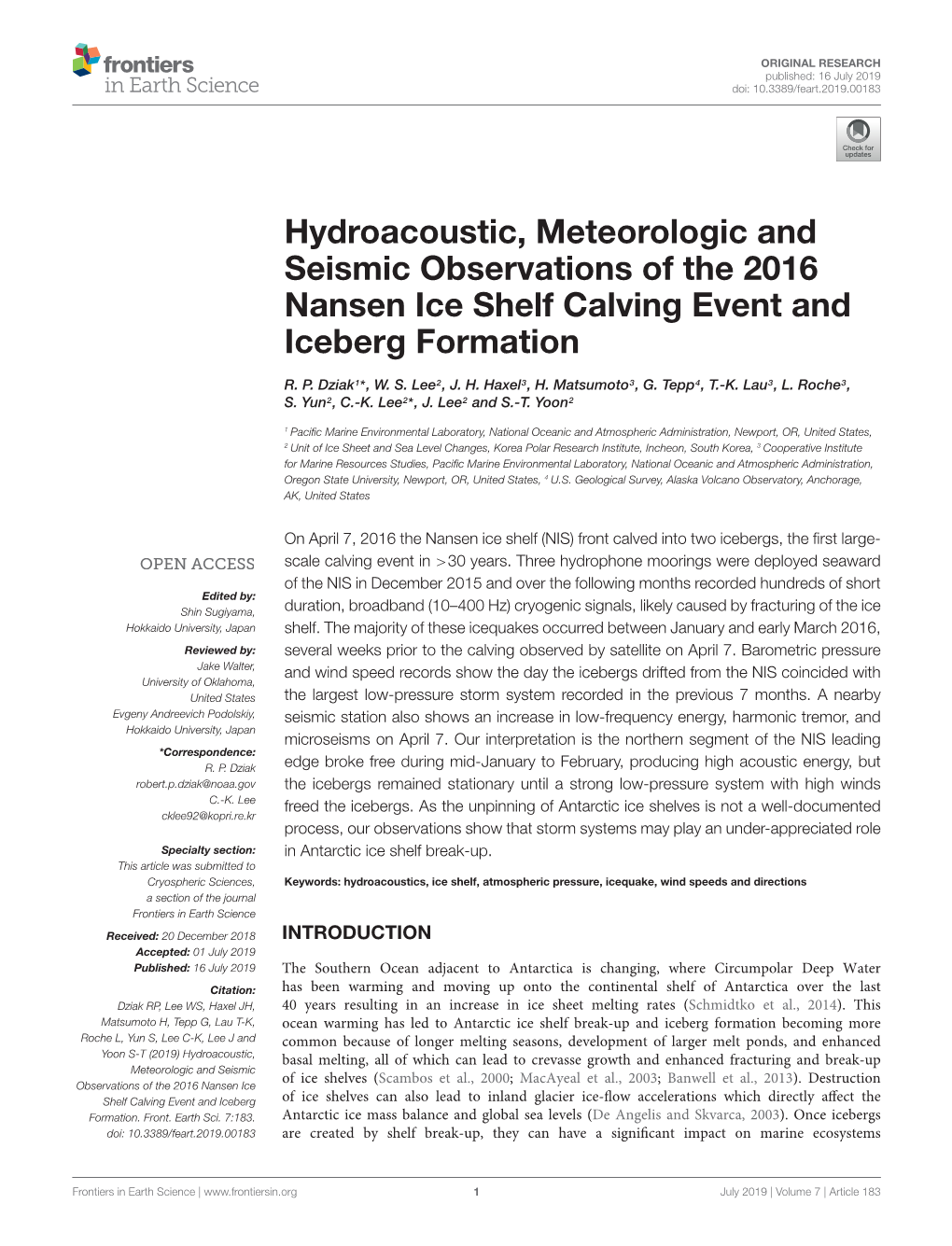 Hydroacoustic, Meteorologic and Seismic Observations of the 2016 Nansen Ice Shelf Calving Event and Iceberg Formation