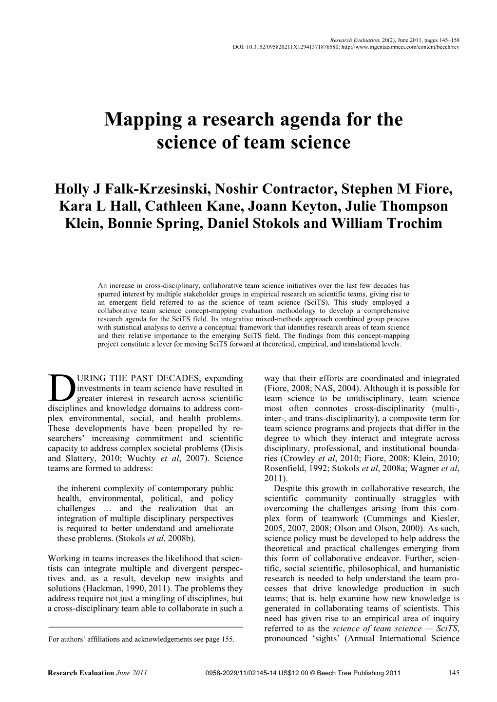 Mapping a Research Agenda for the Science of Team Science