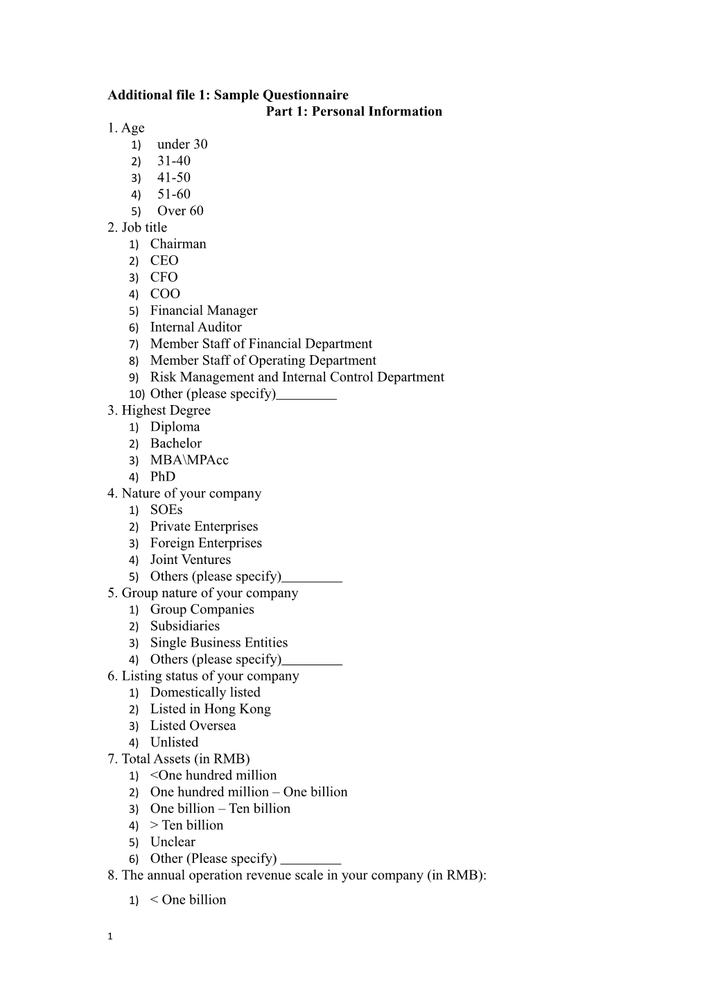 Additional File 1: Sample Questionnaire