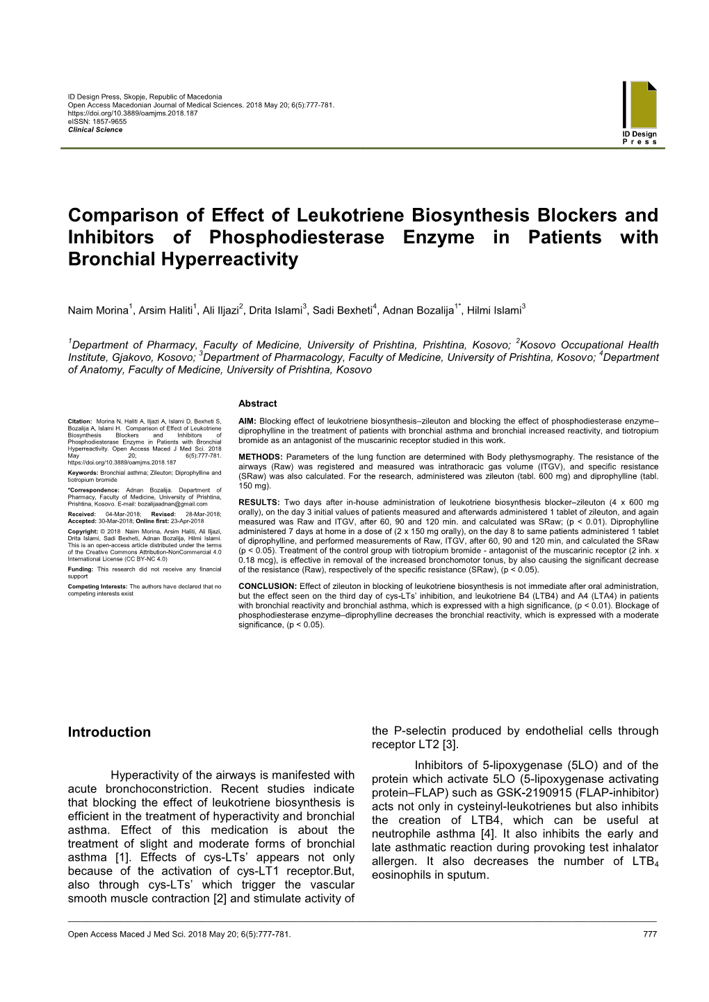 Comparison of Effect of Leukotriene Biosynthesis Blockers and Inhibitors of Phosphodiesterase Enzyme in Patients with Bronchial Hyperreactivity