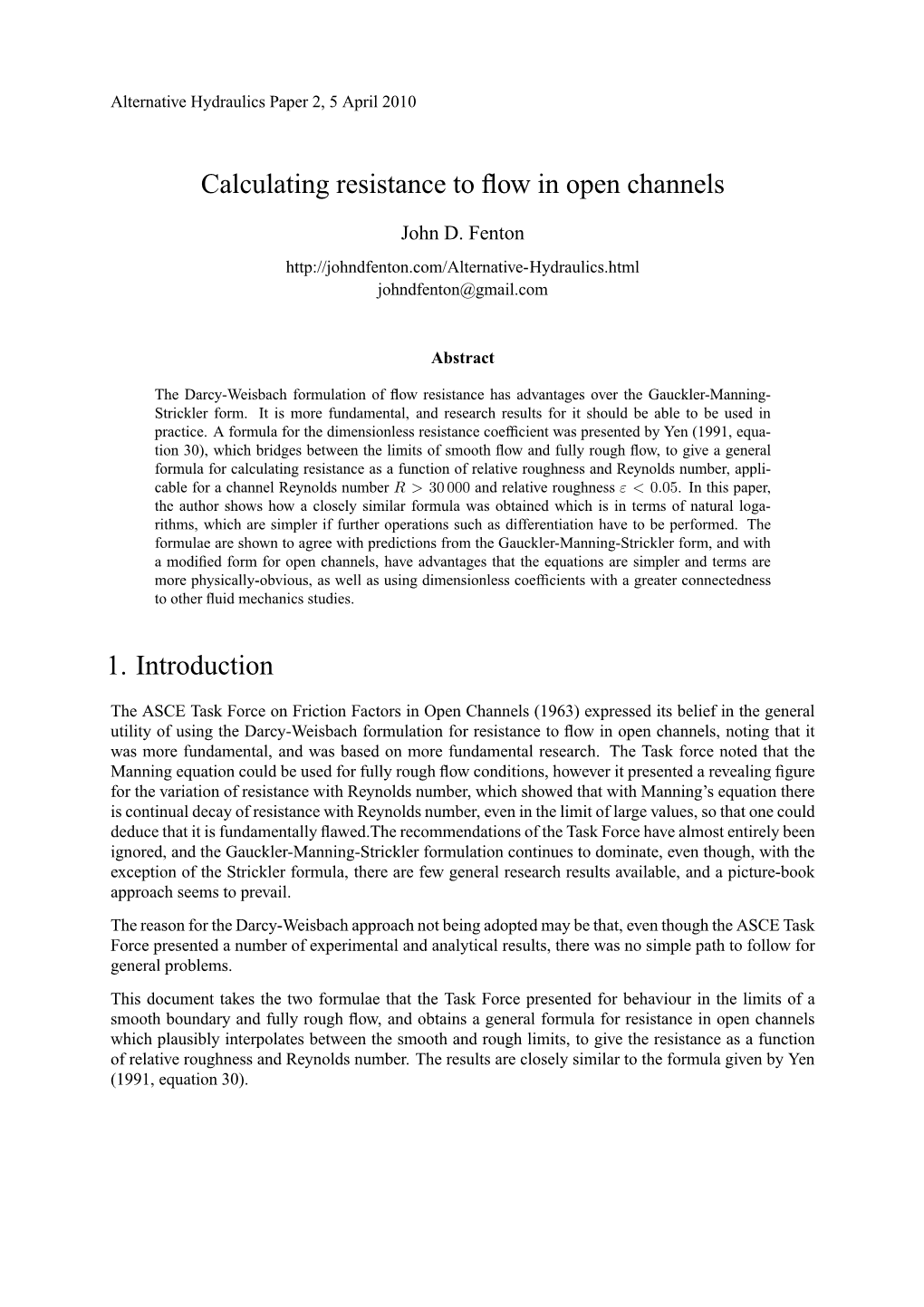 Calculating Resistance to Flow in Open Channels 1. Introduction