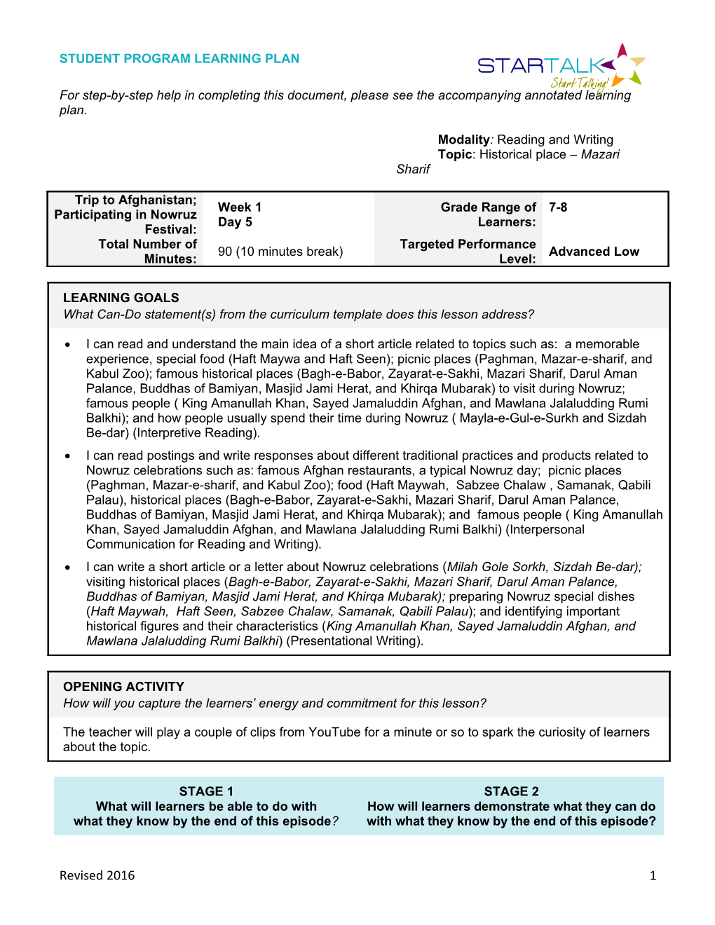 Student Program Learning Plan