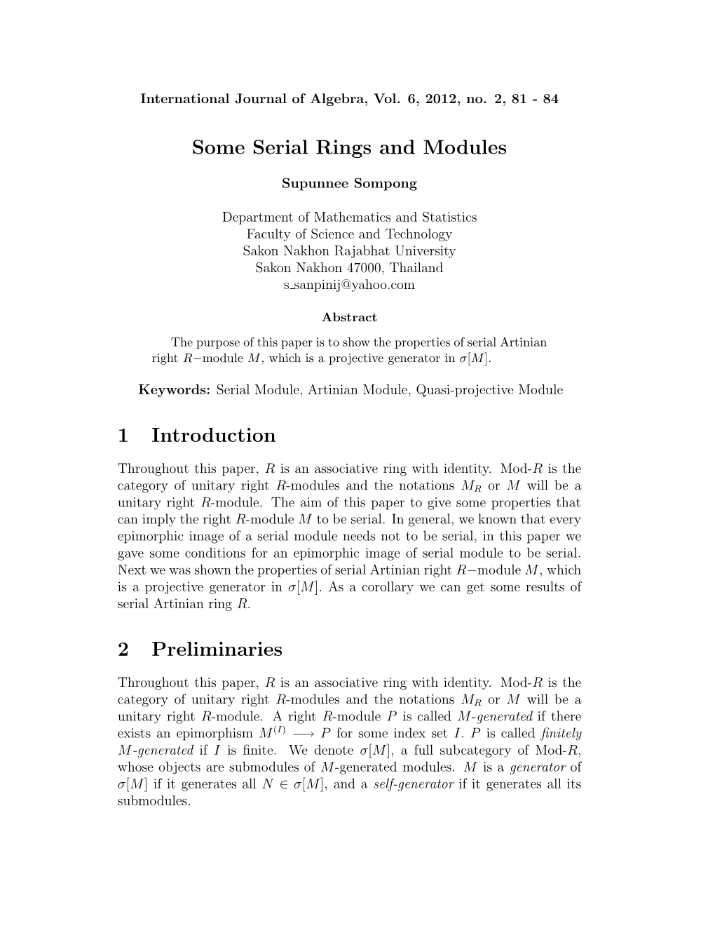 Some Serial Rings and Modules 1 Introduction 2 Preliminaries