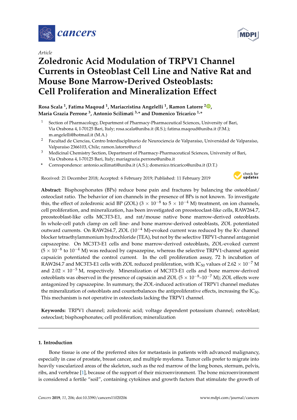 Zoledronic Acid Modulation of TRPV1 Channel Currents in Osteoblast