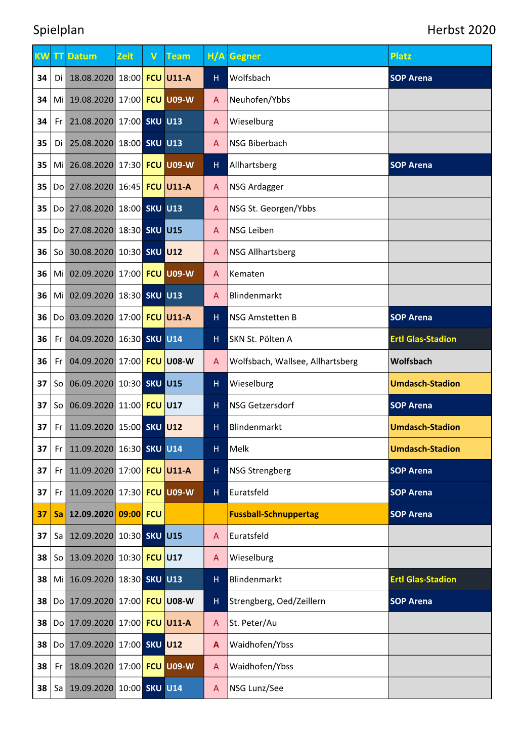 Spielplan Herbst 2020