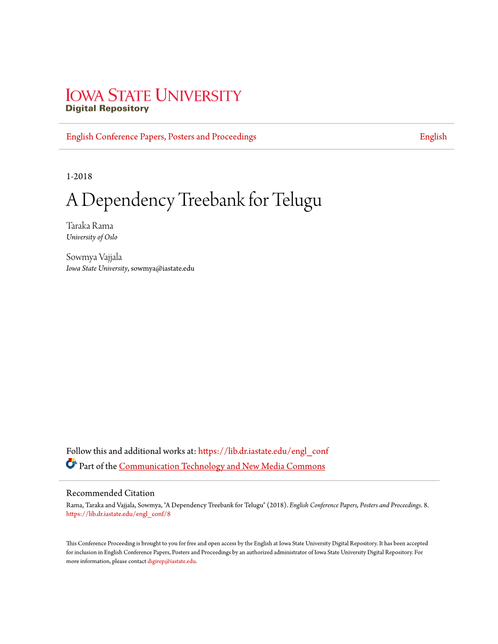 A Dependency Treebank for Telugu Taraka Rama University of Oslo