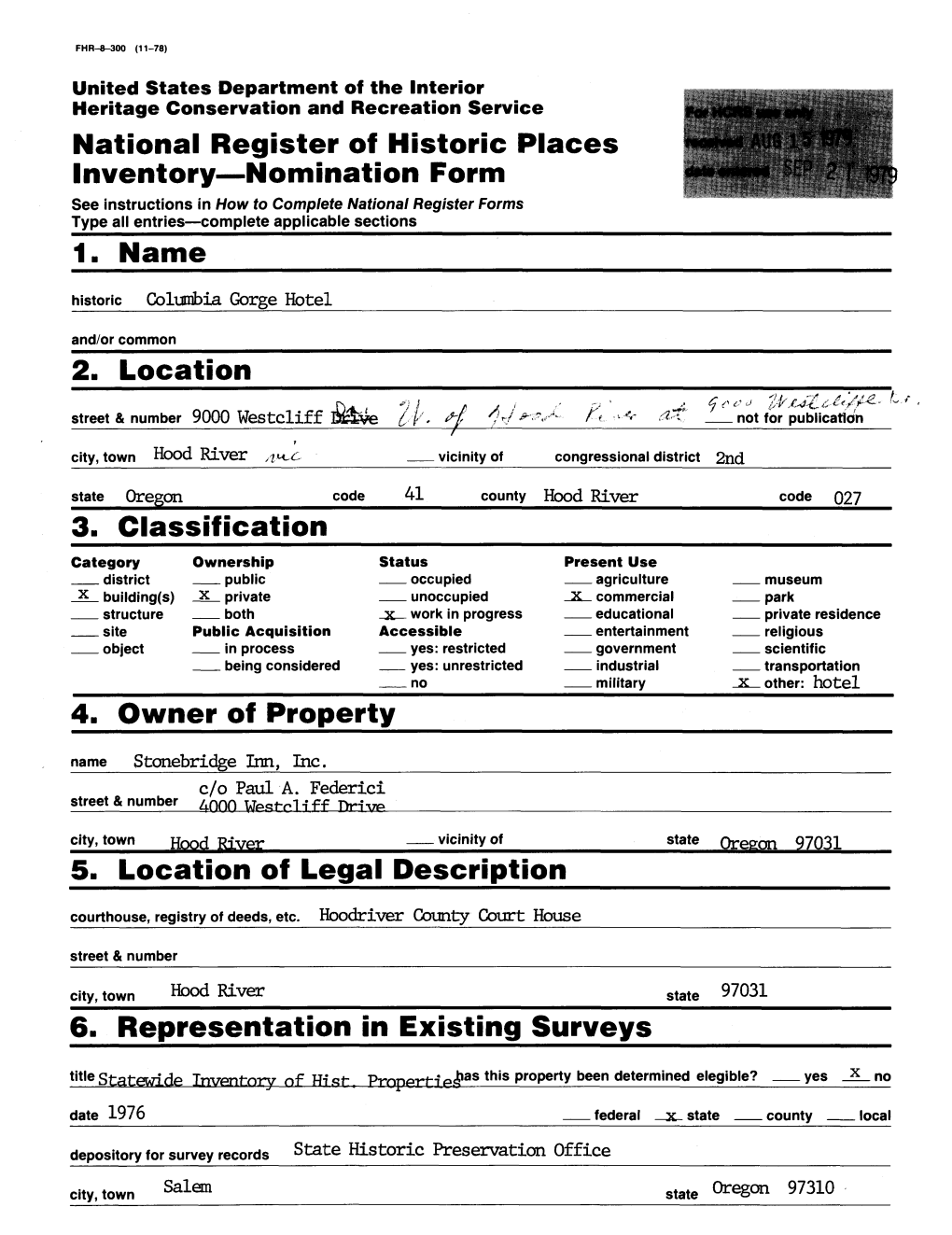 National Register of Historic Places Inventory – Nomination Form: Columbia Gorge Hotel