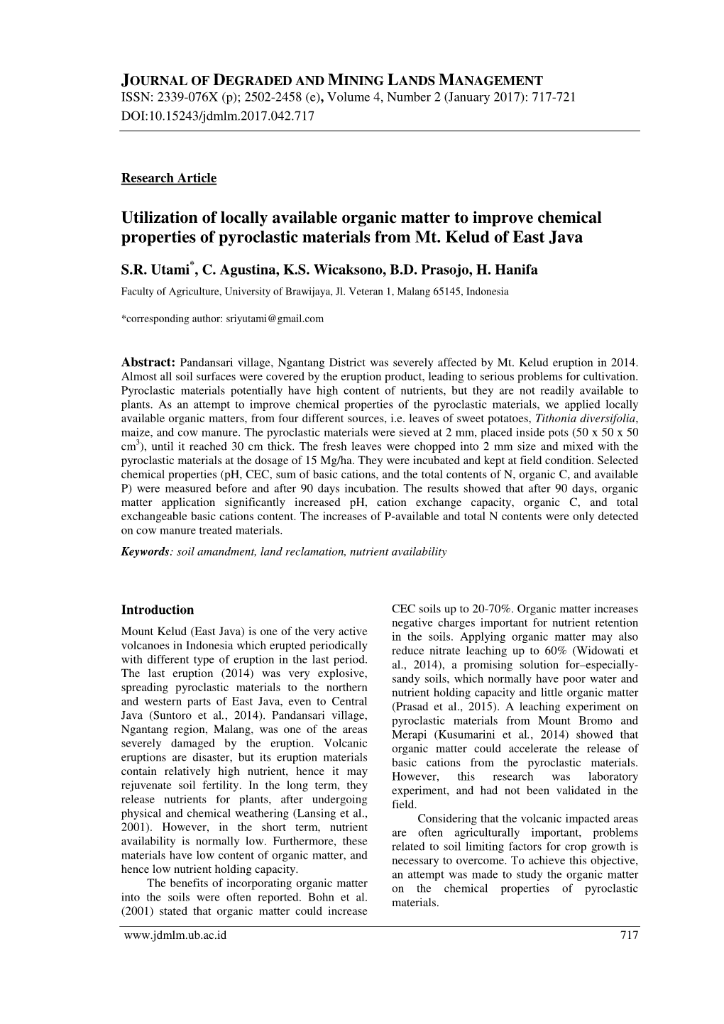 Utilization of Locally Available Organic Matter to Improve Chemical Properties of Pyroclastic Materials from Mt