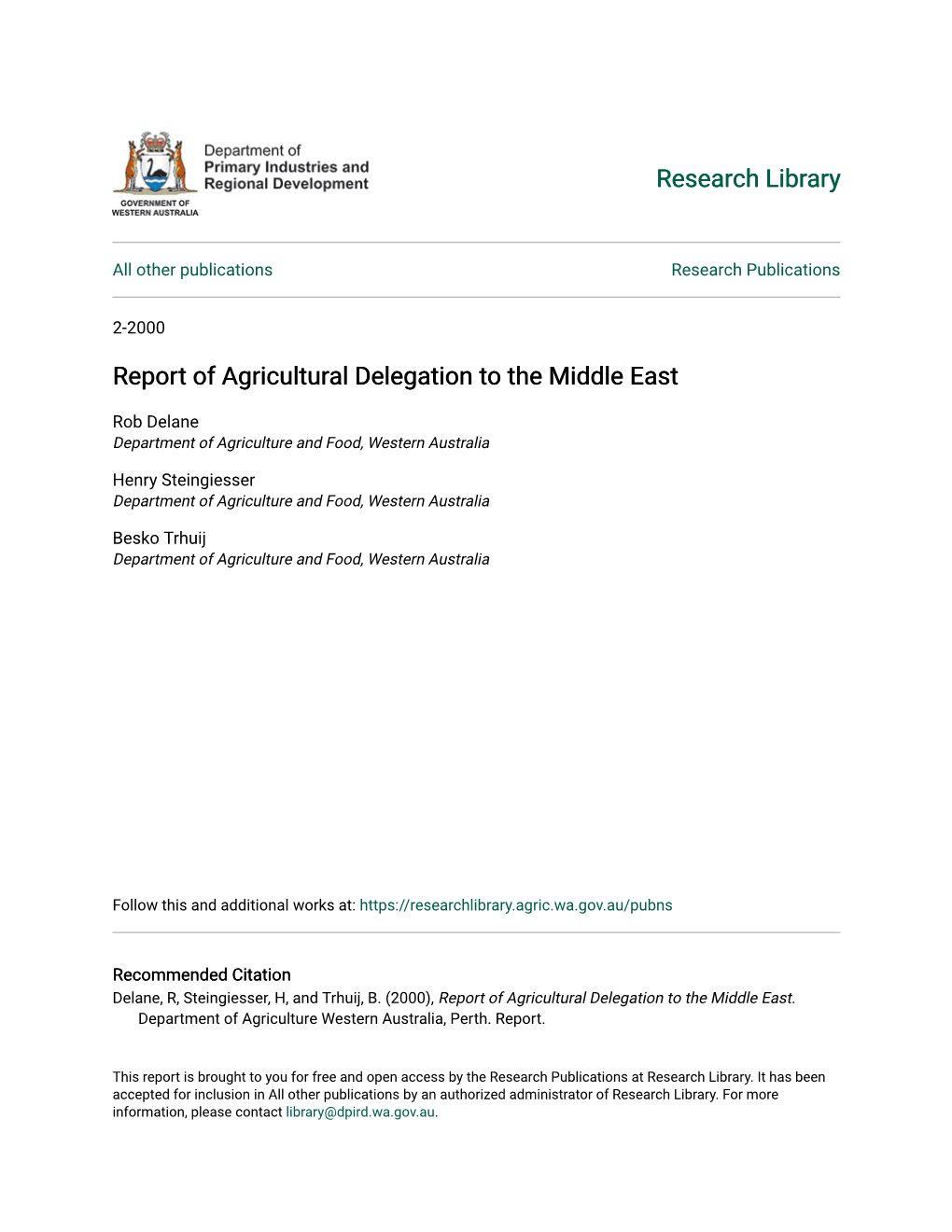 Report of Agricultural Delegation to the Middle East