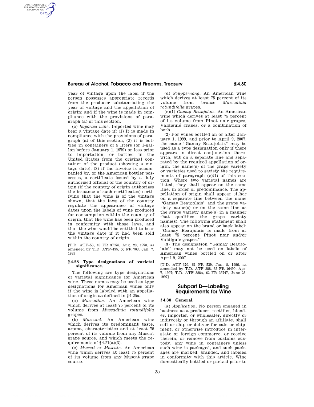 25 Subpart D—Labeling Requirements for Wine