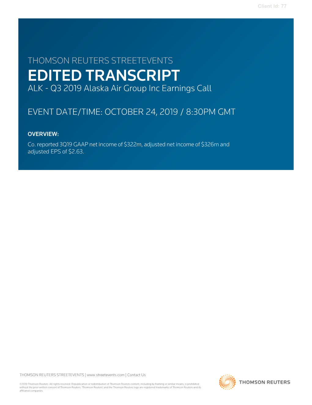 Q3 2019 Alaska Air Group Inc Earnings Call on October 24, 2019 / 8:30PM