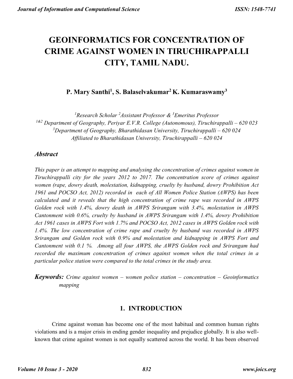 Geoinformatics for Concentration of Crime Against Women in Tiruchirappalli City, Tamil Nadu