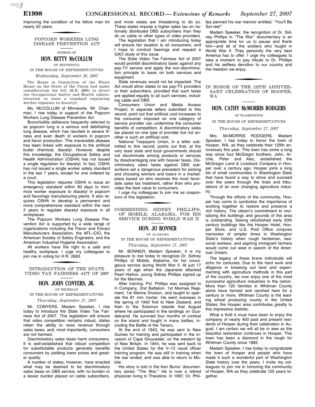 CONGRESSIONAL RECORD— Extensions of Remarks E1998 HON. BETTY Mccollum HON. JOHN CONYERS, JR. HON. JO BONNER HON. CATHY Mcmorri