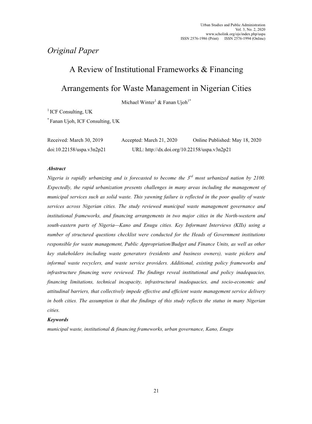 Original Paper a Review of Institutional Frameworks