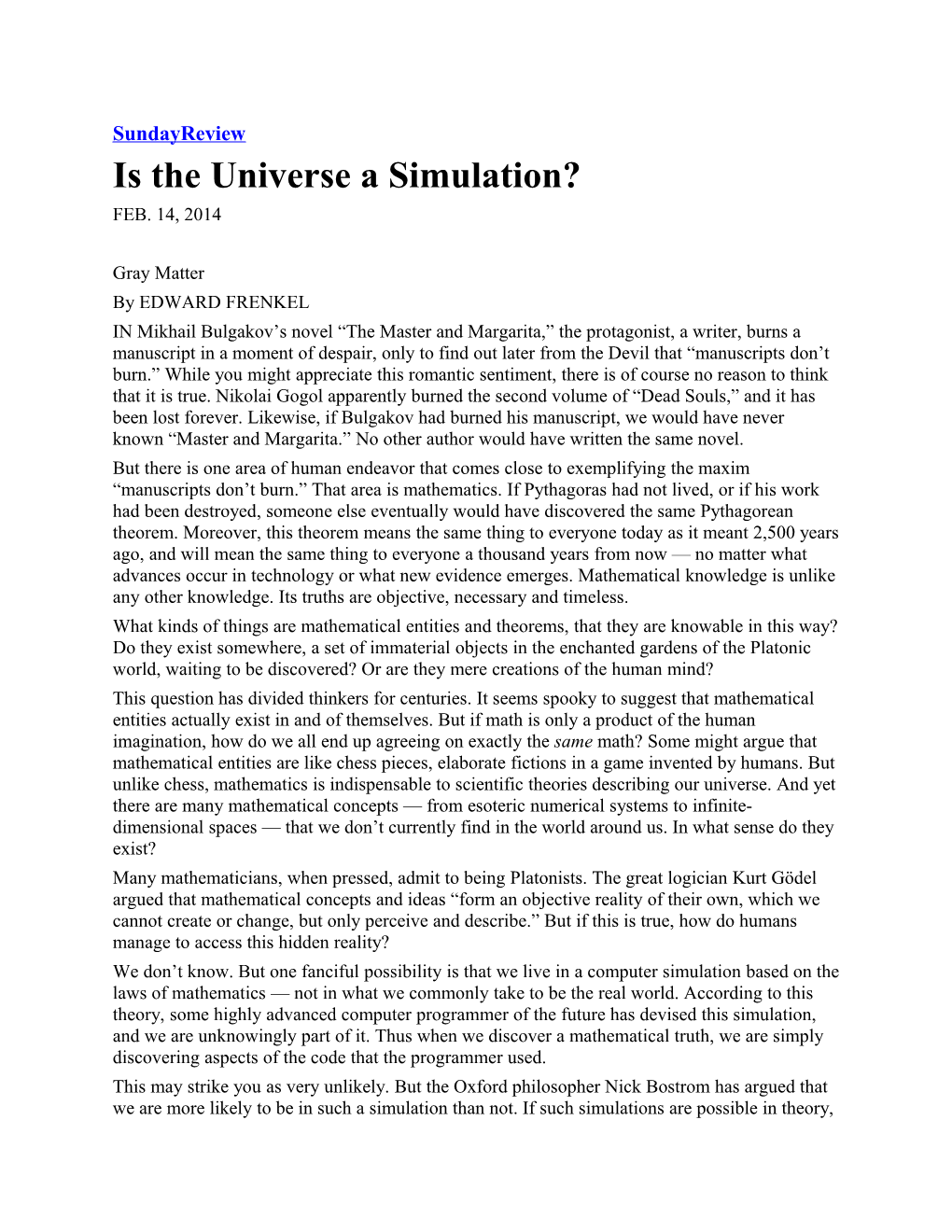 Is the Universe a Simulation?