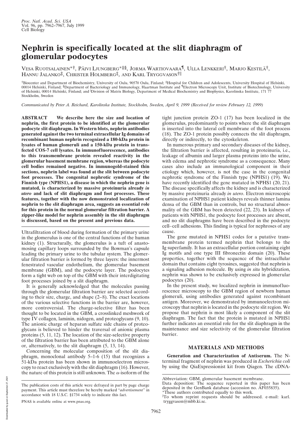 Nephrin Is Specifically Located at the Slit Diaphragm of Glomerular Podocytes