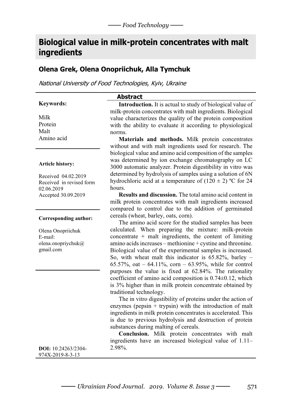 Biological Value in Milk-Protein Concentrates with Malt Ingredients