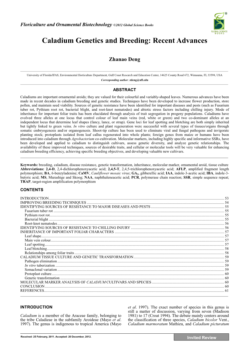 Caladium Genetics and Breeding: Recent Advances