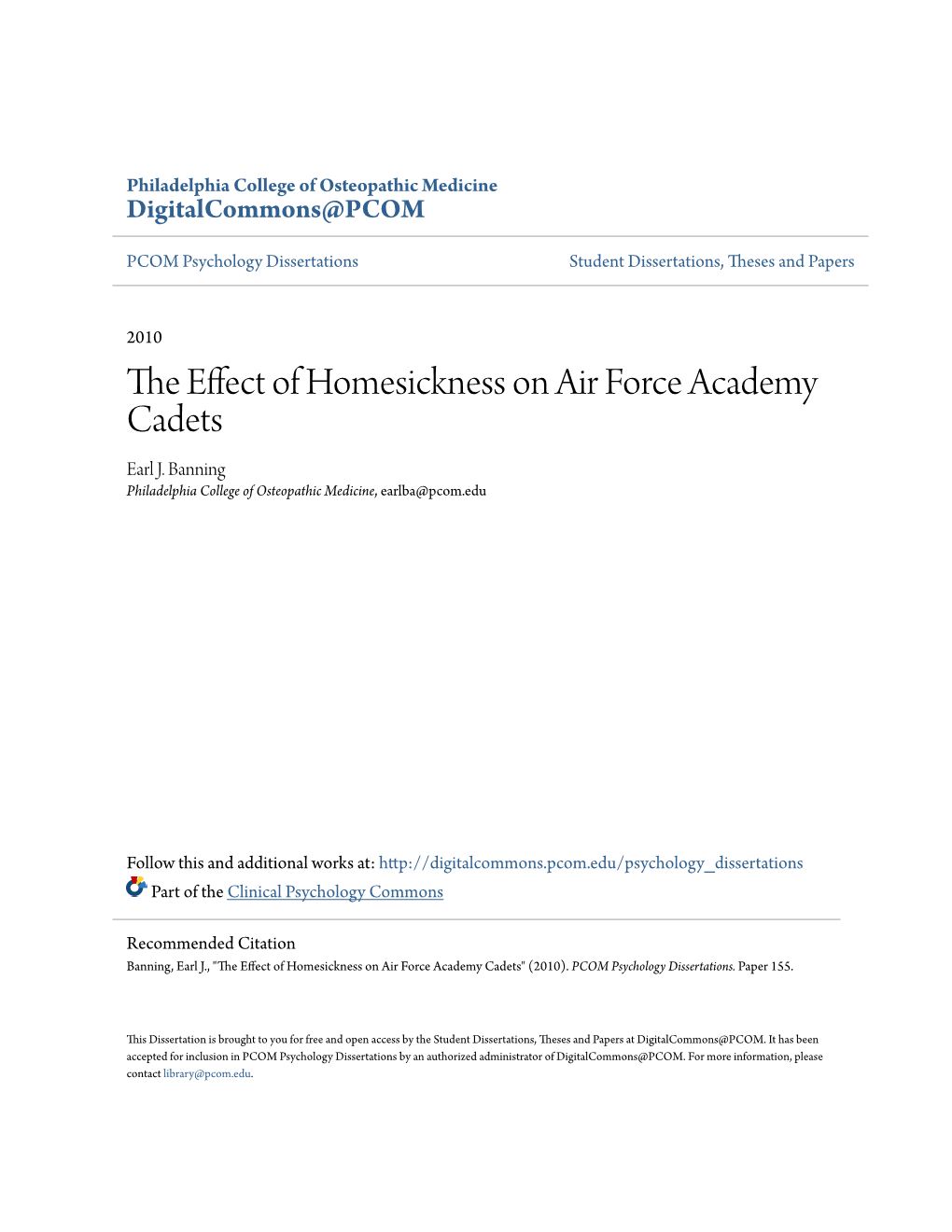 The Effect of Homesickness on Air Force Academy Cadets