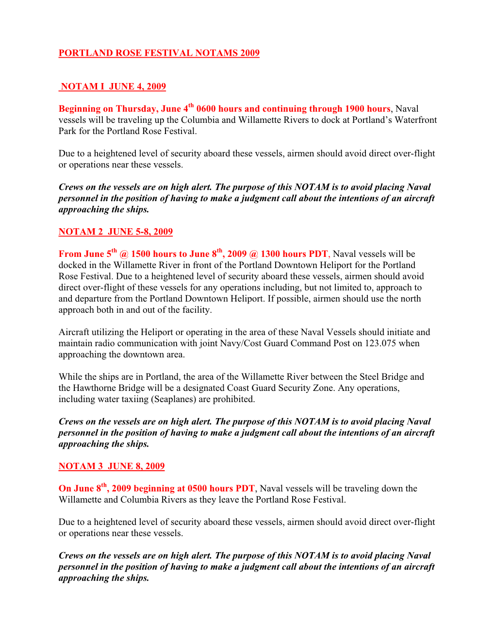 Portland Rose Festival Notams 2009 Notam I June 4