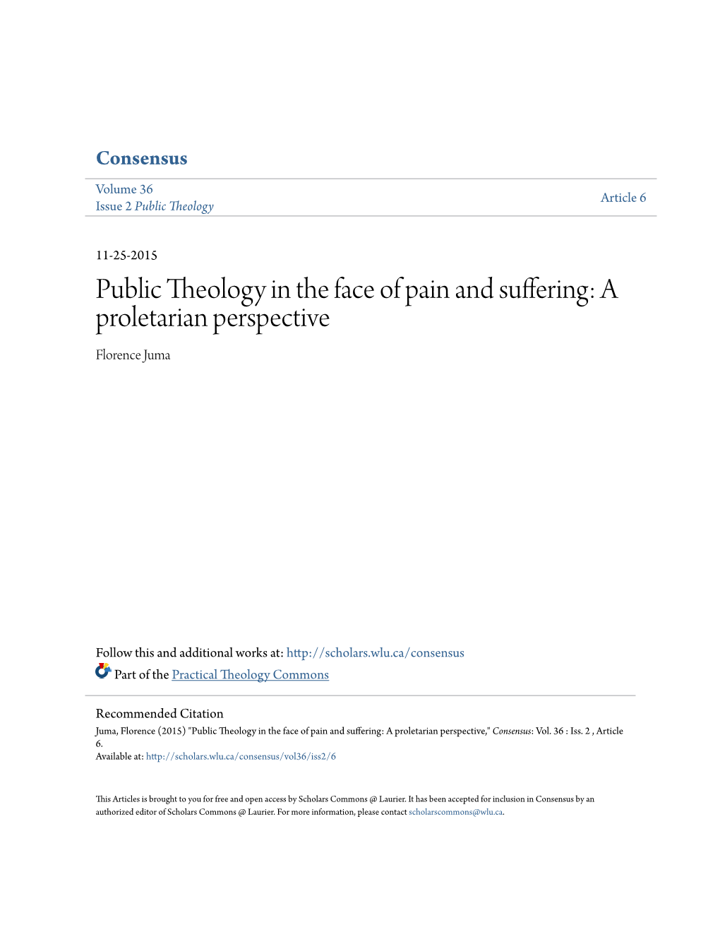 Public Theology in the Face of Pain and Suffering: a Proletarian Perspective Florence Juma