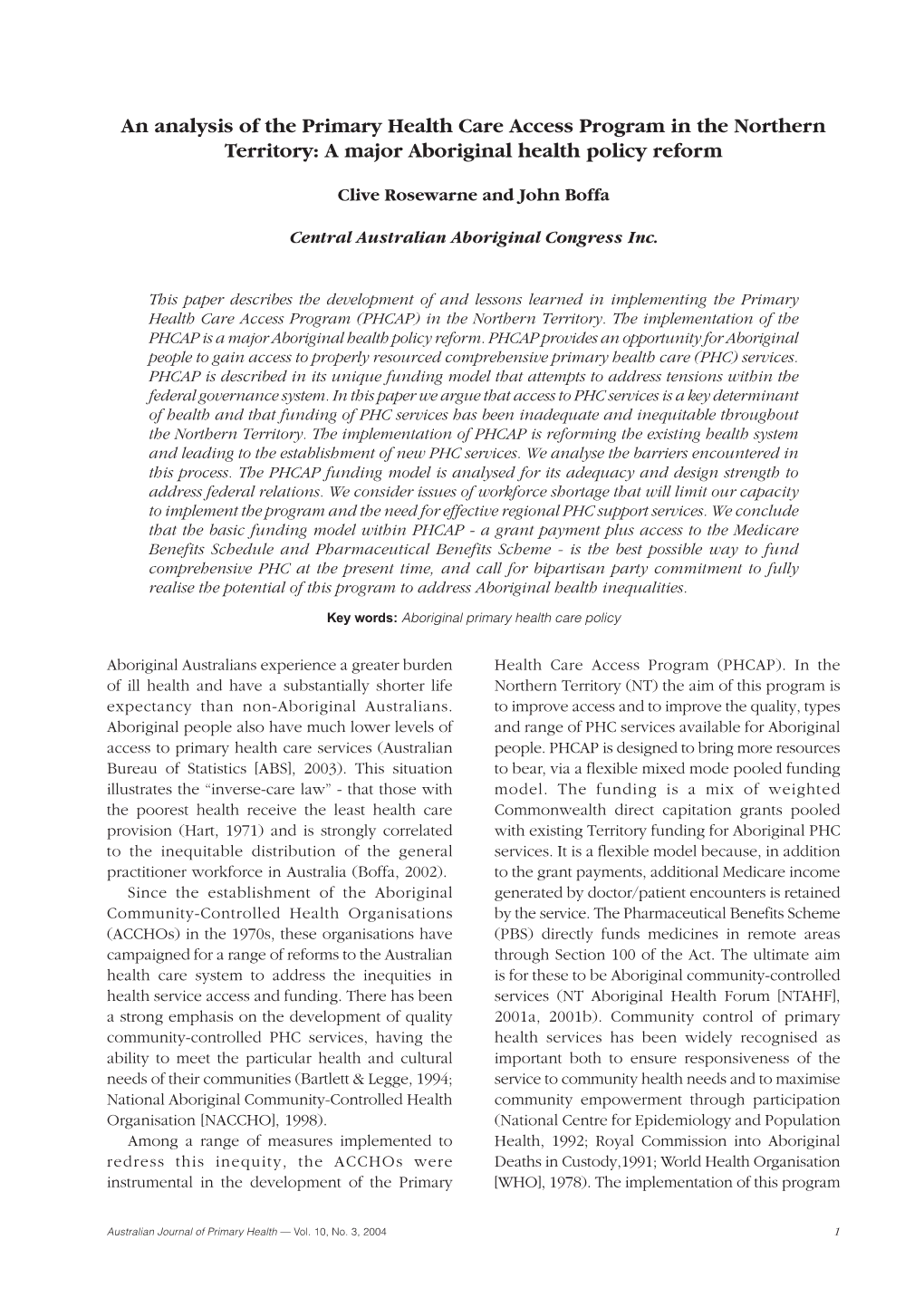 An Analysis of the Primary Health Care Access Program in the Northern Territory: a Major Aboriginal Health Policy Reform