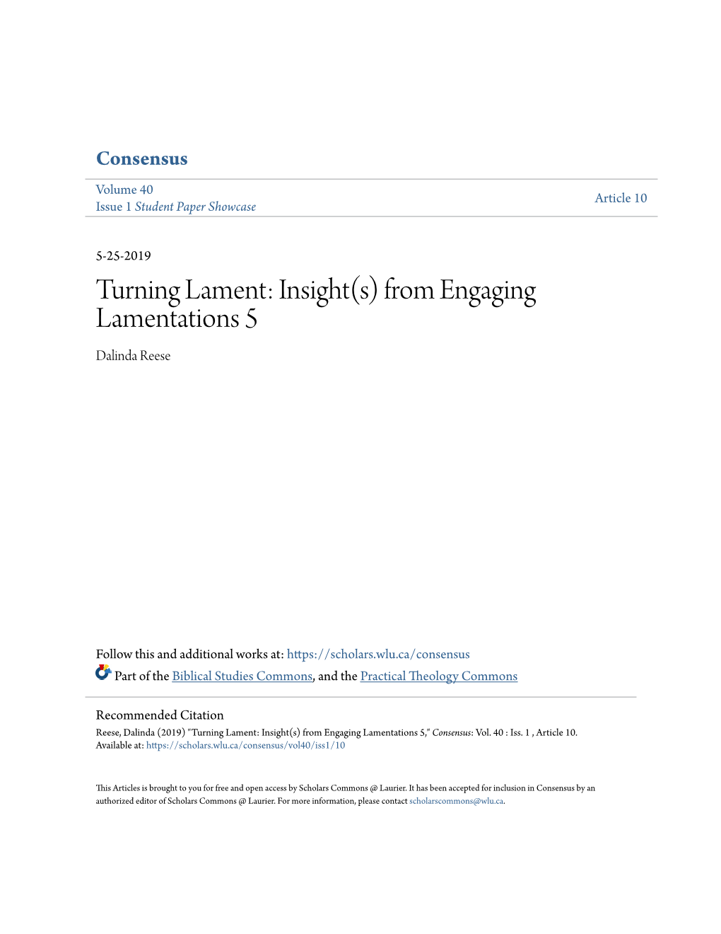 Turning Lament: Insight(S) from Engaging Lamentations 5 Dalinda Reese