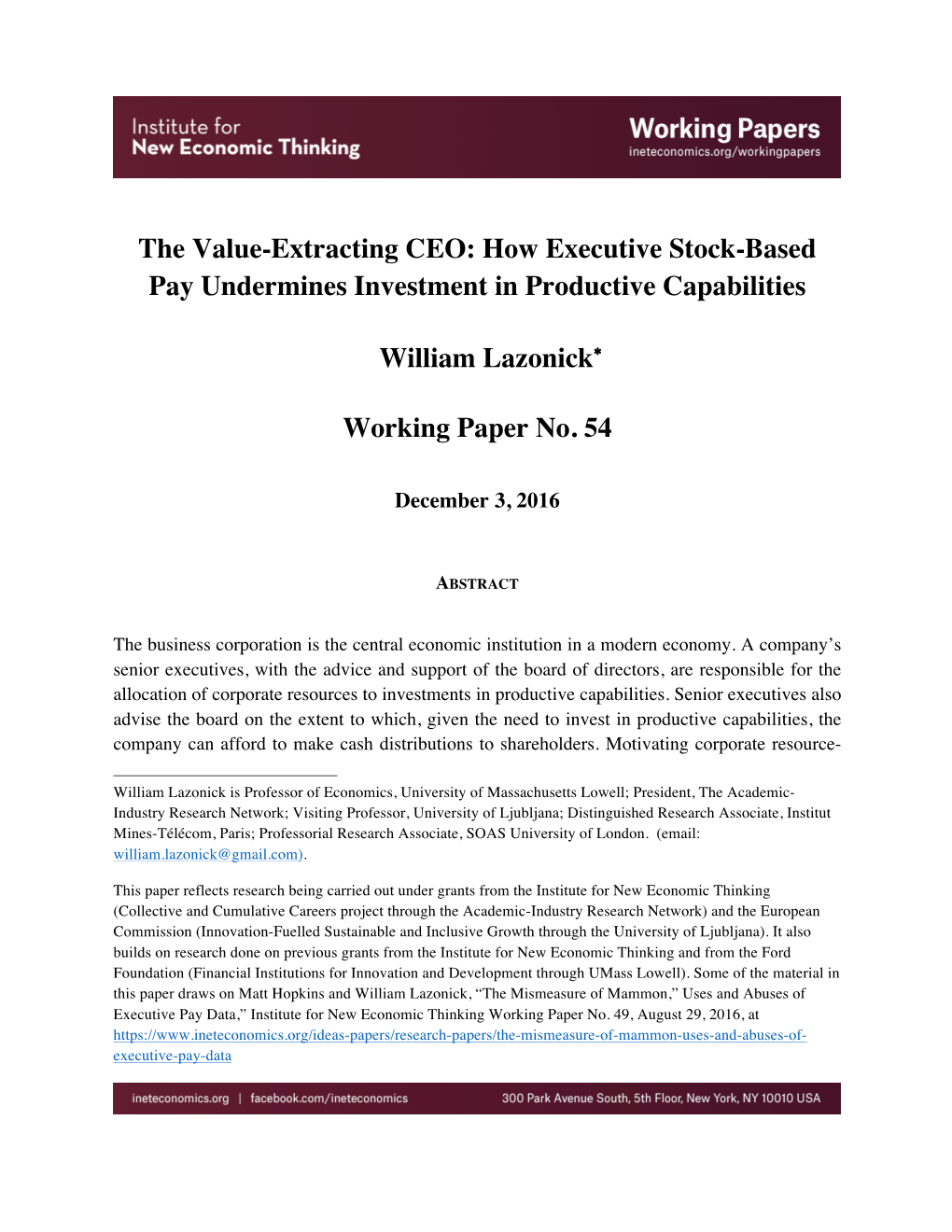 The Value-Extracting CEO: How Executive Stock-Based Pay Undermines Investment in Productive Capabilities