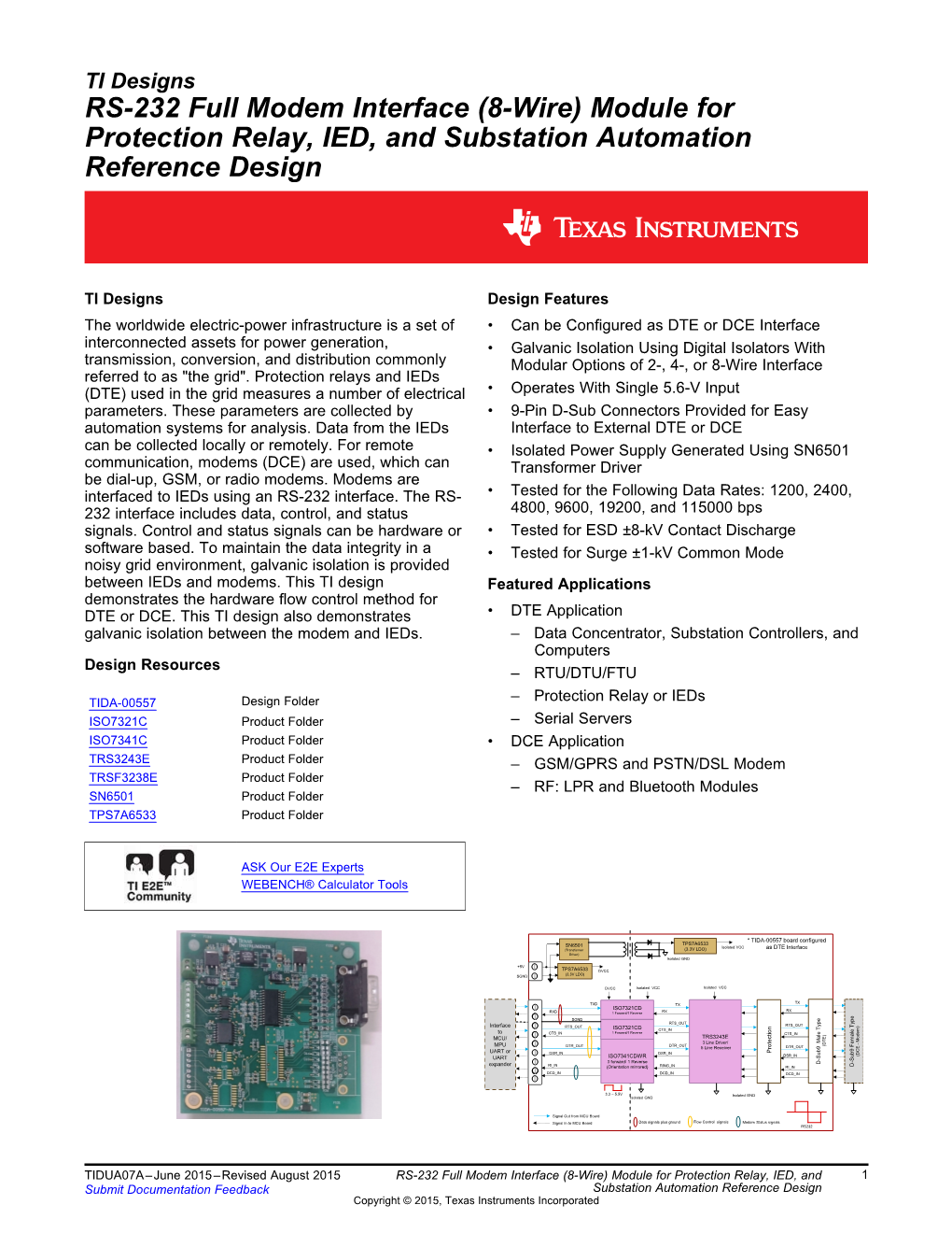 RS-232 Full Modem Interface (8-Wire) Module for Protection Relay, IED, and Substation Automation Reference Design