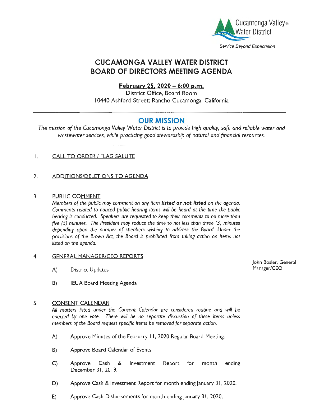 Cucamonga Valley Water District Board of Directors Meeting Agenda