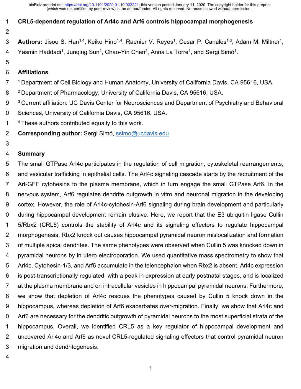 1 CRL5-Dependent Regulation of Arl4c and Arf6 Controls Hippocampal Morphogenesis 2 3 Authors: Jisoo S