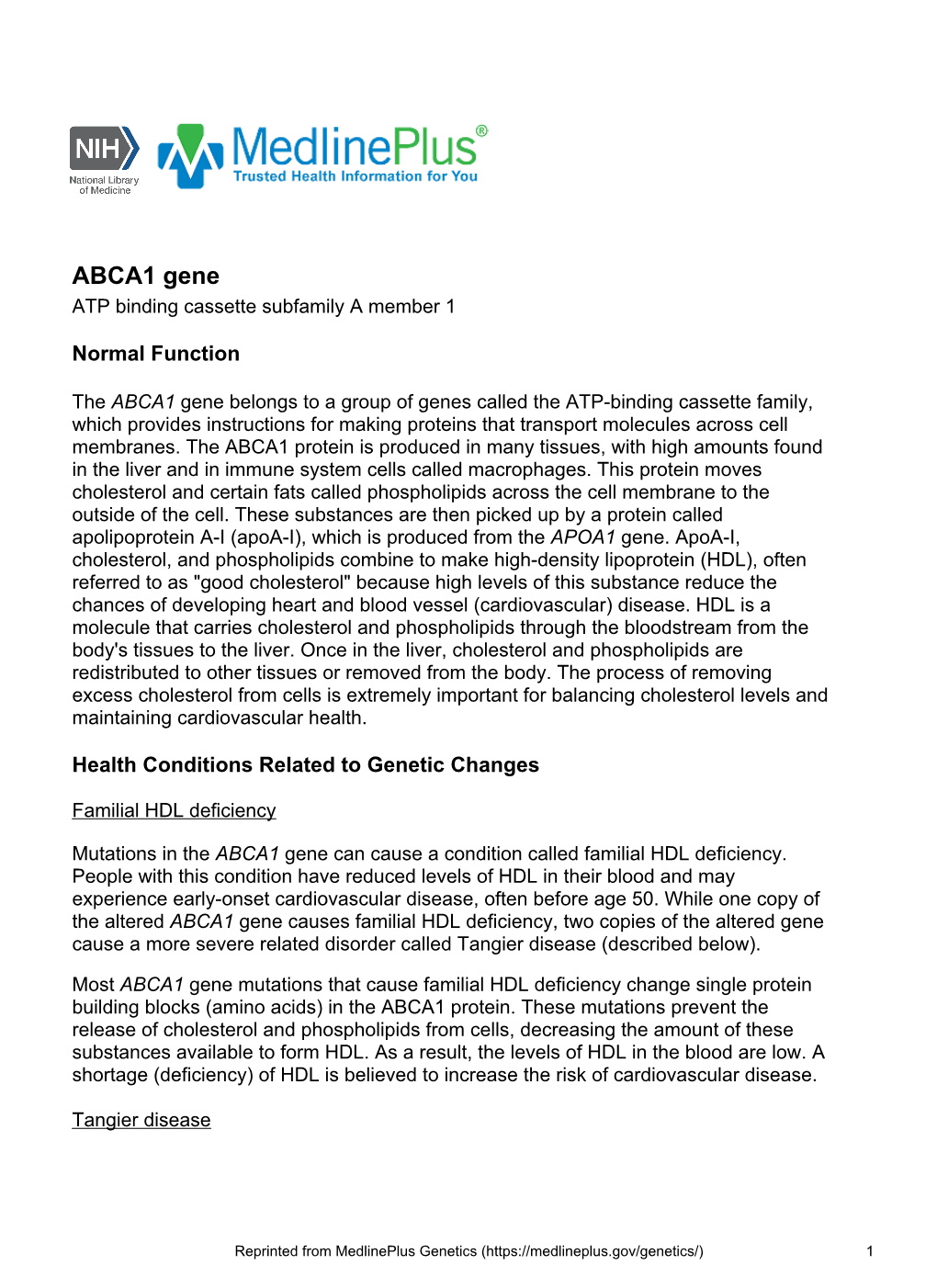 ABCA1 Gene ATP Binding Cassette Subfamily a Member 1