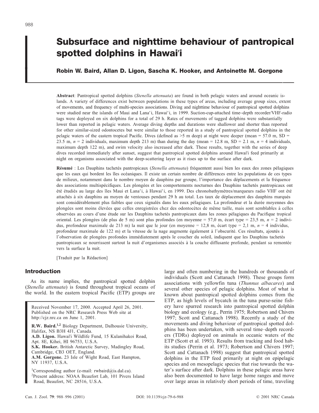 Subsurface and Nighttime Behaviour of Pantropical Spotted Dolphins in Hawai′I