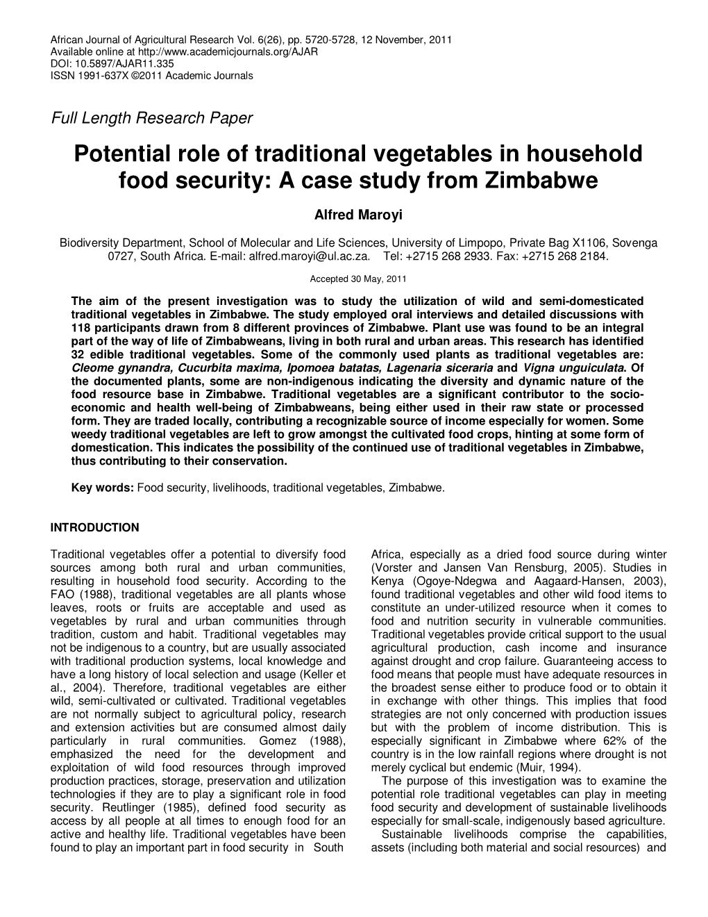 Potential Role of Traditional Vegetables in Household Food Security: a Case Study from Zimbabwe