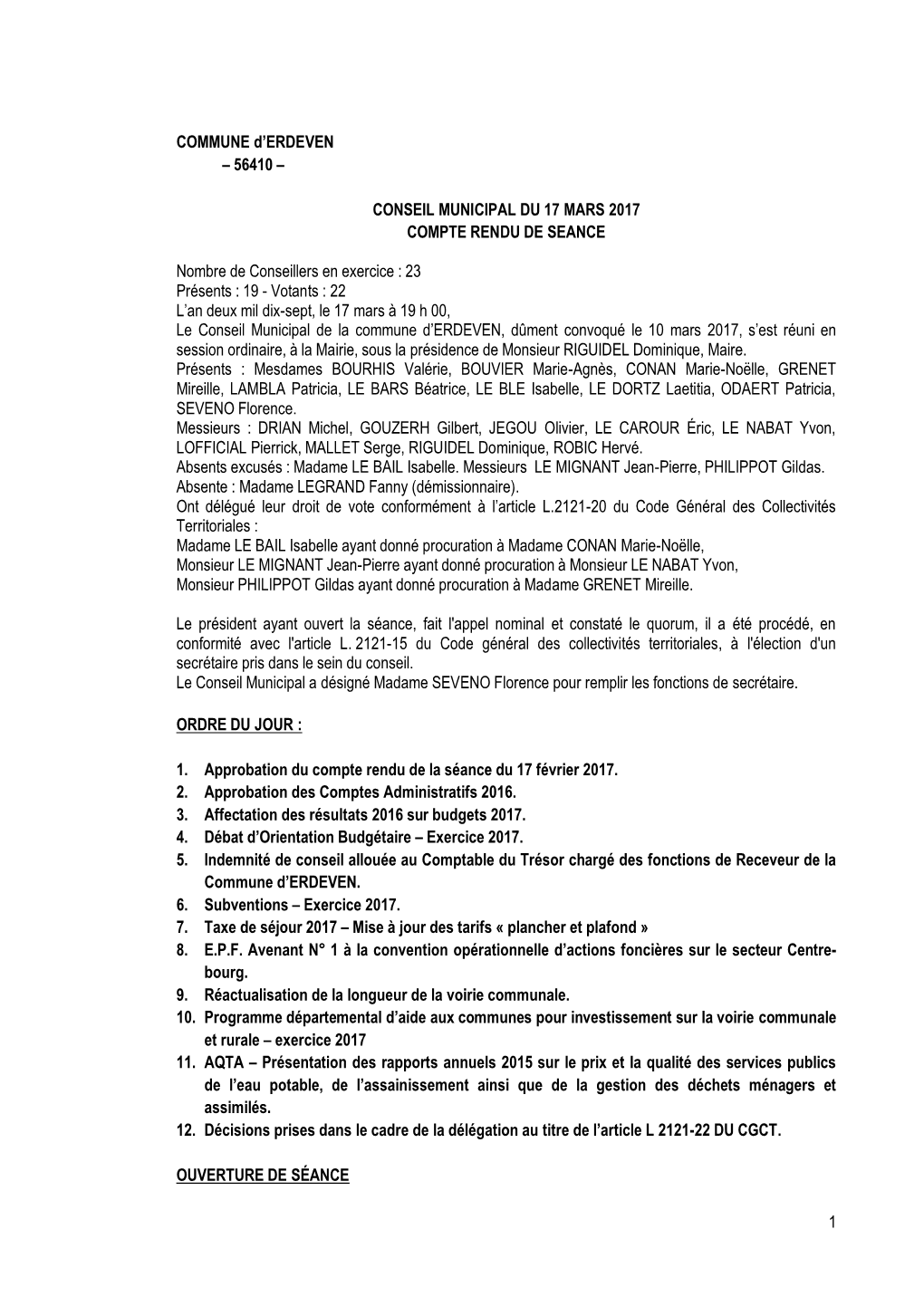 1 COMMUNE D'erdeven – 56410 – CONSEIL MUNICIPAL DU 17