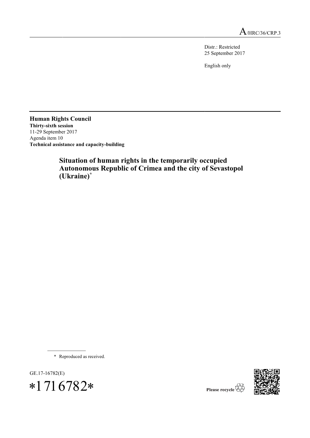 Situation of Human Rights in the Temporarily Occupied Autonomous Republic of Crimea and the City of Sevastopol (Ukraine) in Engl